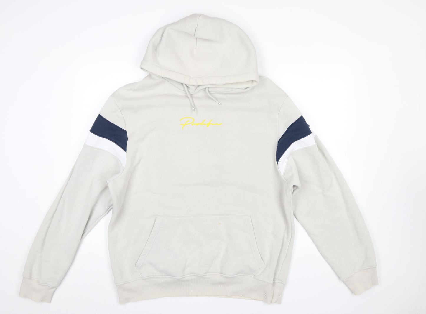 River Island Men’s Beige Hoodie L Pullover Fleece Logo Hooded Sweatshirt
