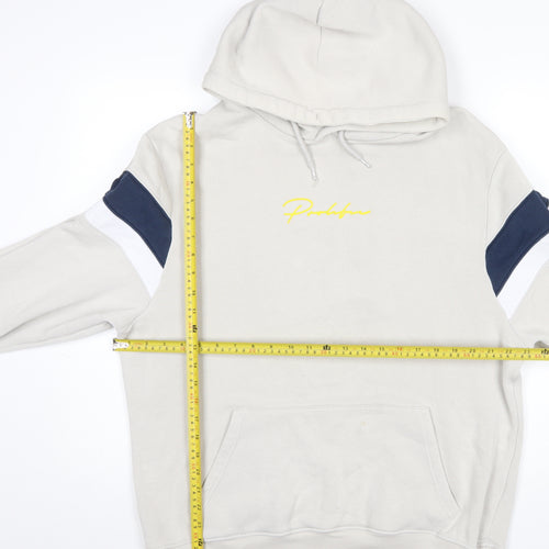 River Island Men’s Beige Hoodie L Pullover Fleece Logo Hooded Sweatshirt