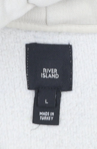 River Island Men’s Beige Hoodie L Pullover Fleece Logo Hooded Sweatshirt