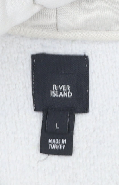 River Island Men’s Beige Hoodie L Pullover Fleece Logo Hooded Sweatshirt