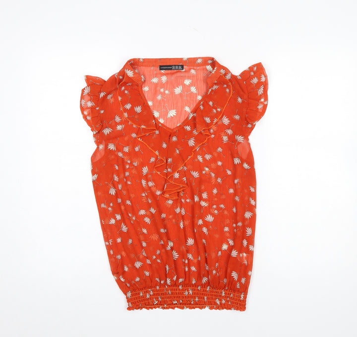 Atmosphere Women’s Orange Floral Ruffle V-Neck Sleeveless Tunic Blouse Size 10