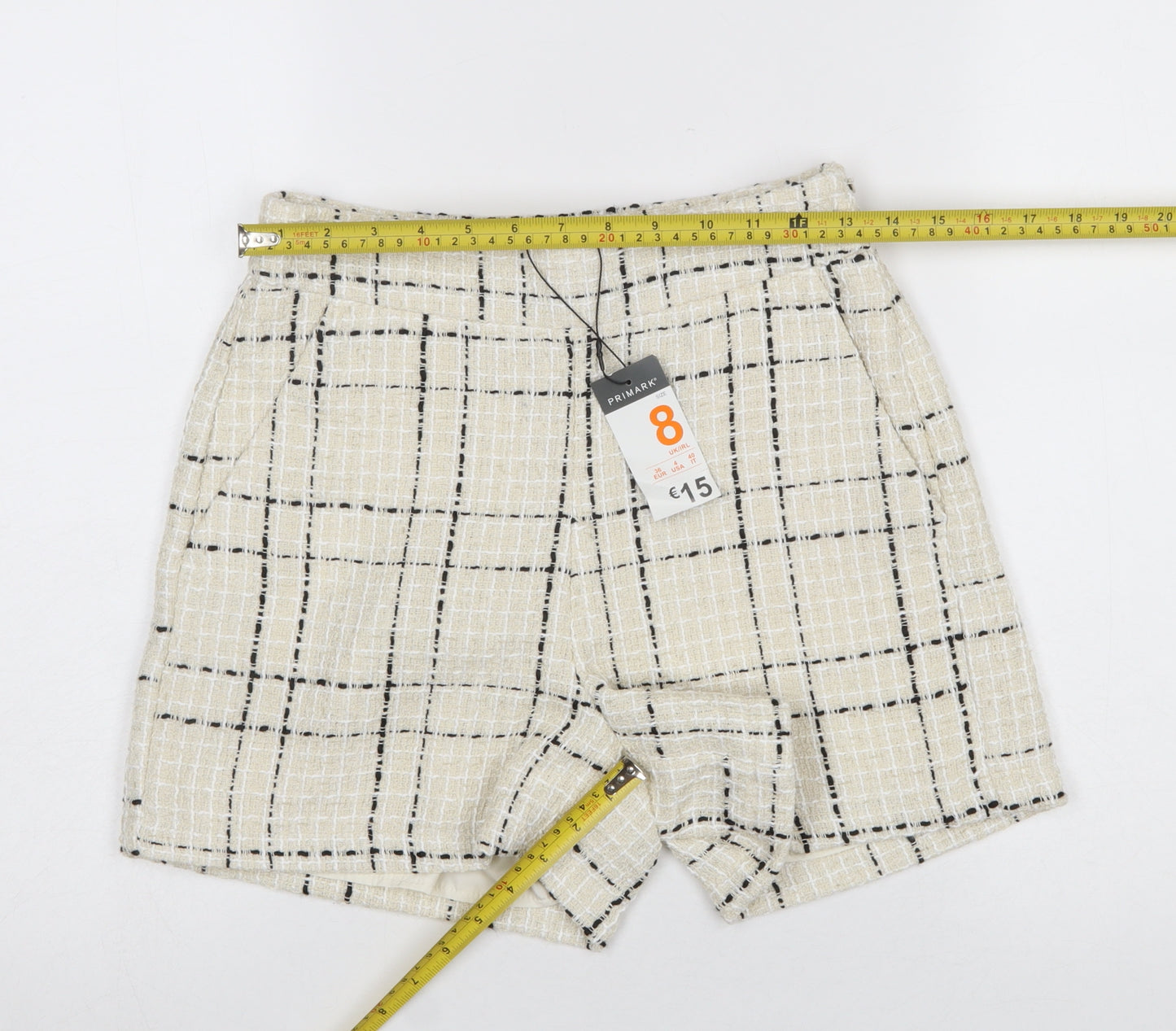 Primark Women’s Beige Check Tweed Chino Shorts Size 8