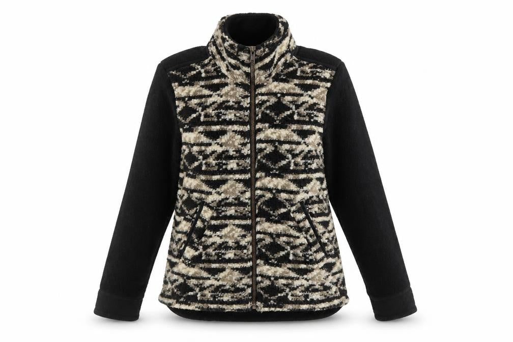 Front view of Woolrich women’s black geometric fleece jacket, size S