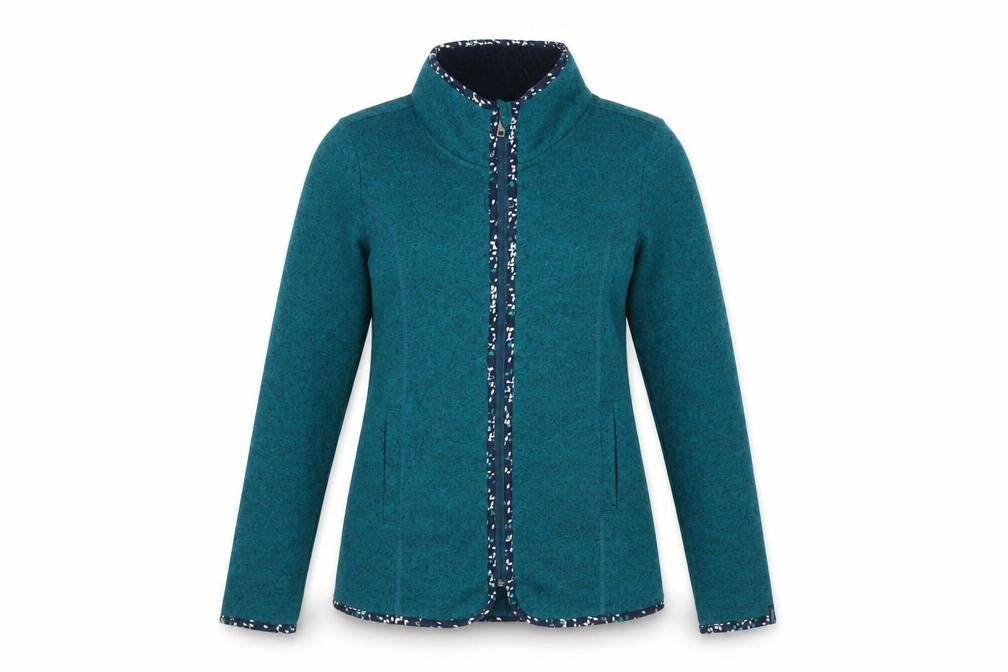 Front view of Tranquillo women’s teal full zip mid-length jacket, size M, classic fit