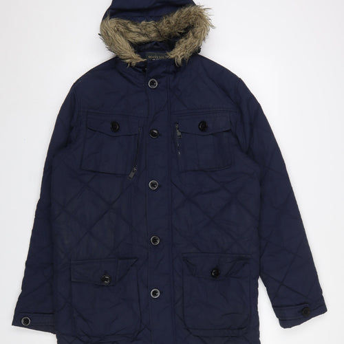 Brave Soul Men's Blue Quilted Hooded Parka Coat Size M