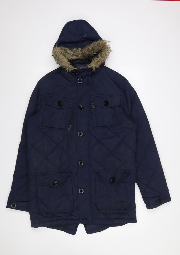 Brave Soul Men's Blue Quilted Hooded Parka Coat Size M