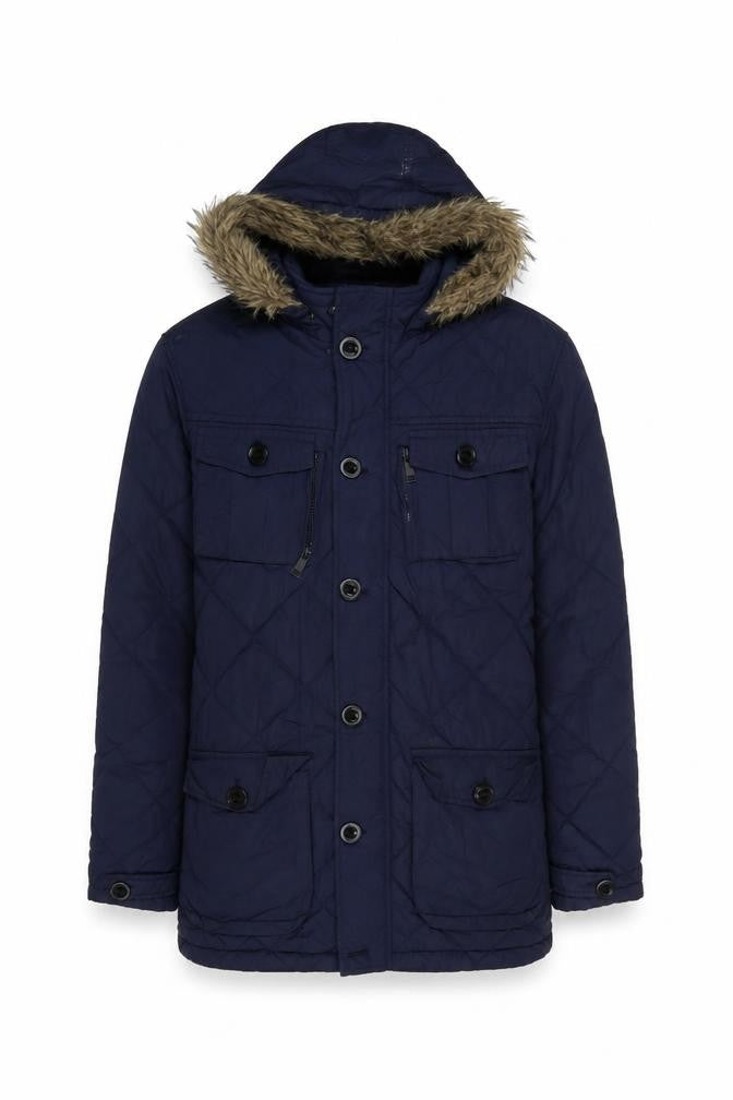 Brave Soul Men's Blue Quilted Hooded Parka Coat Size M