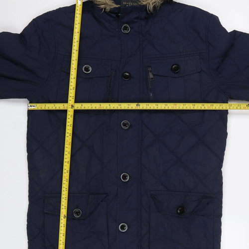 Brave Soul Men's Blue Quilted Hooded Parka Coat Size M
