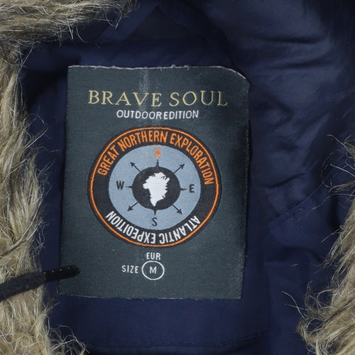 Brave Soul Men's Blue Quilted Hooded Parka Coat Size M