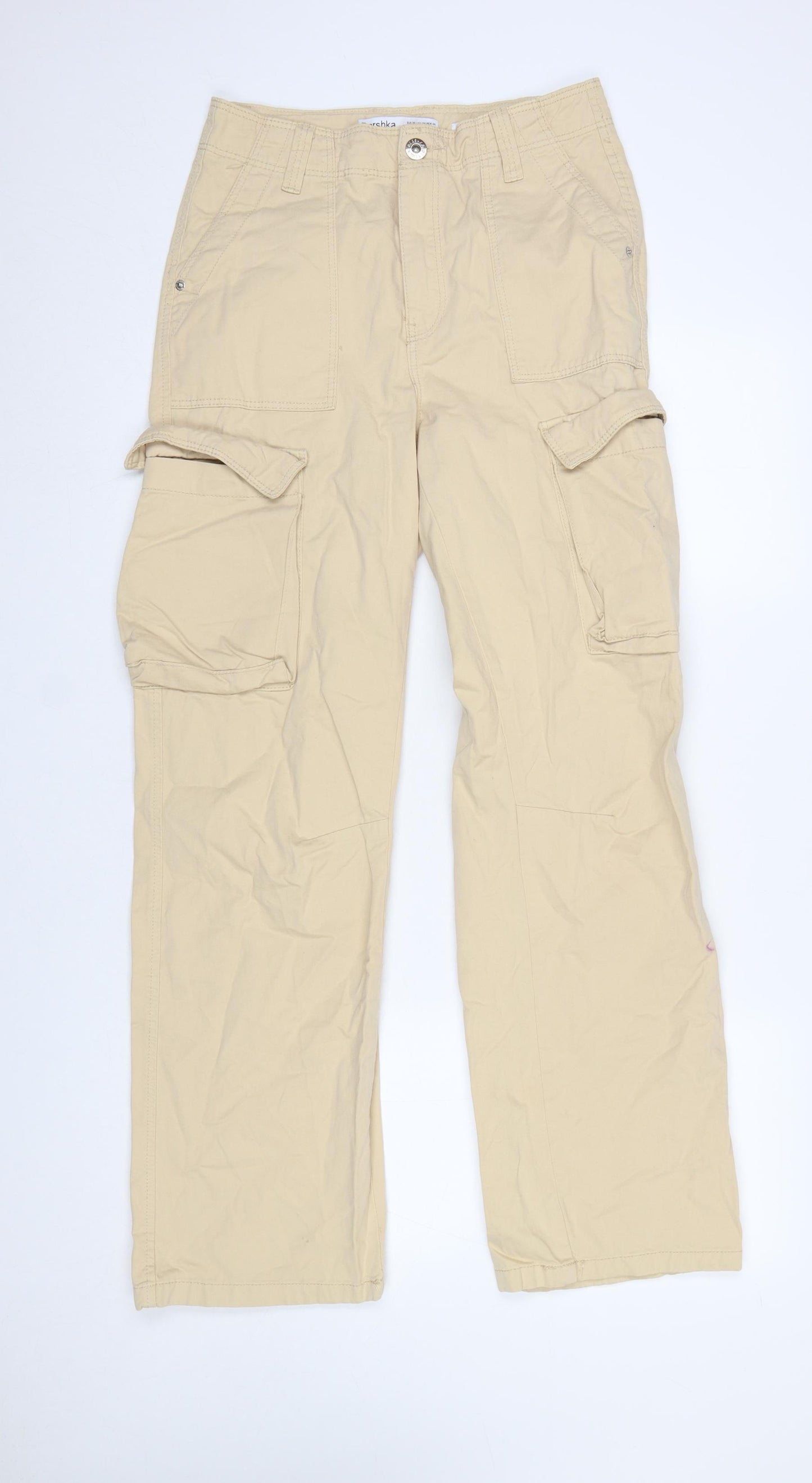 Bershka Womens Beige Cargo Trousers Size 8 Cotton Mid Rise