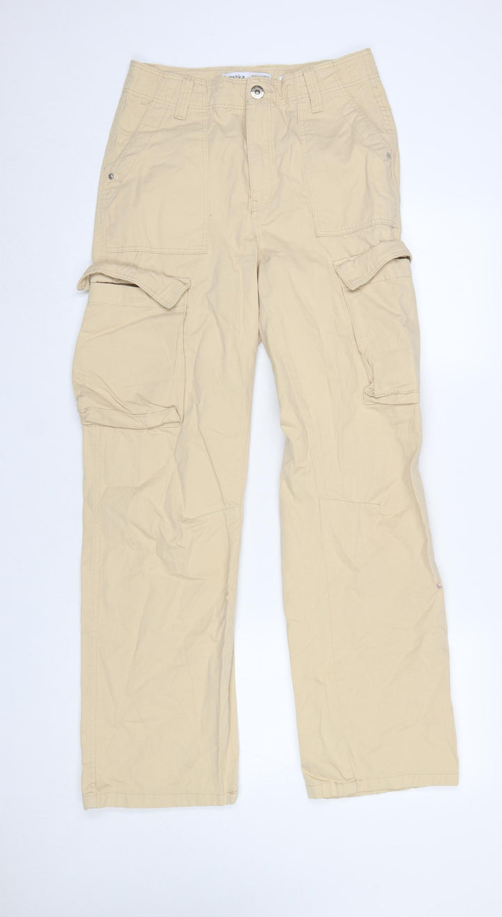 Bershka Womens Beige Cargo Trousers Size 8 Cotton Mid Rise