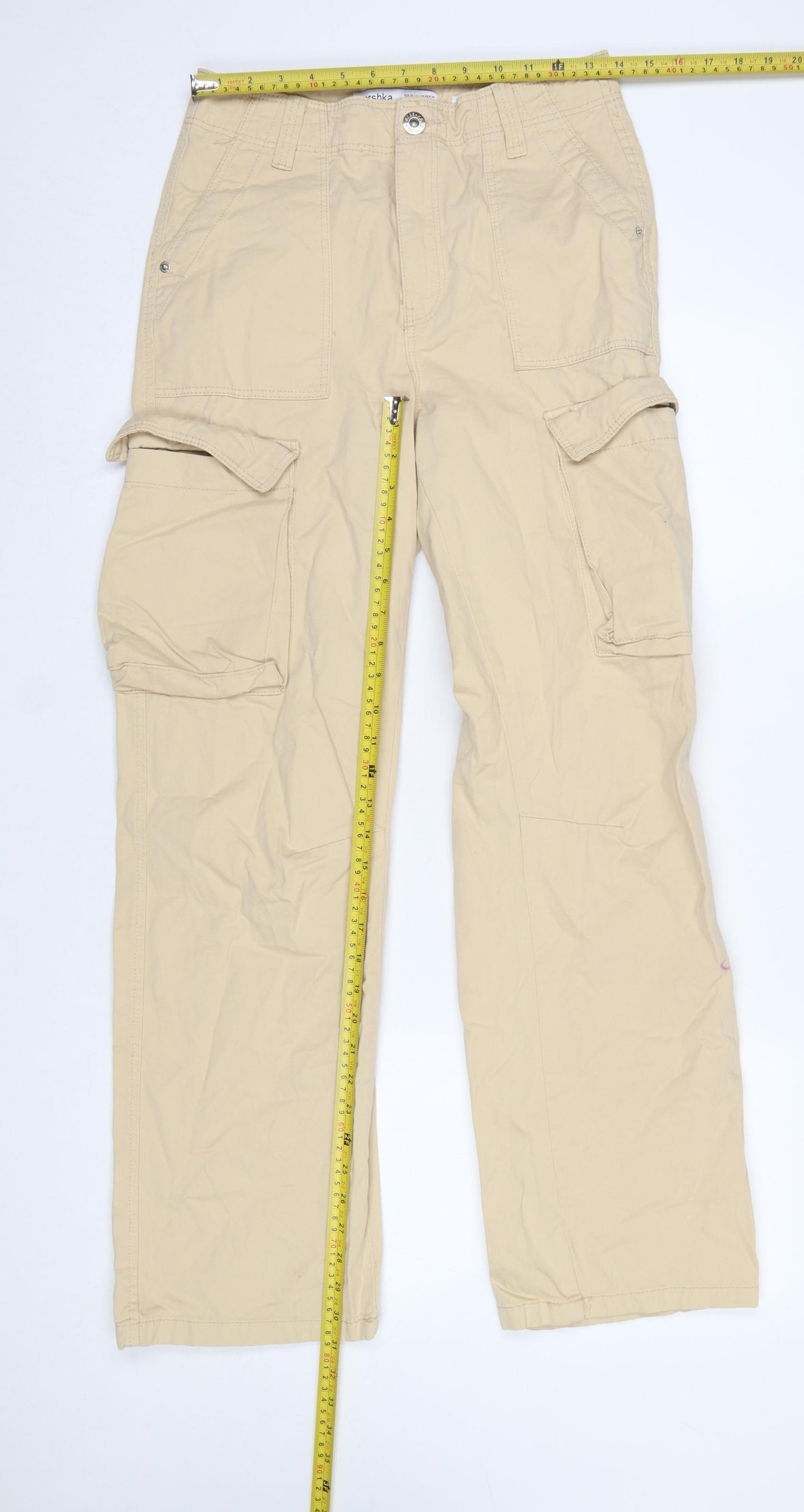 Bershka Womens Beige Cargo Trousers Size 8 Cotton Mid Rise