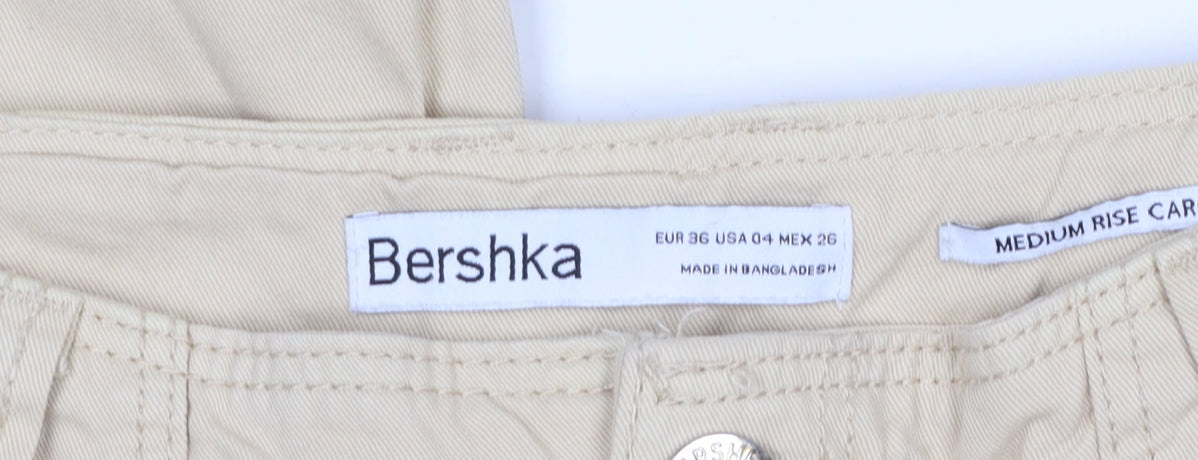 Bershka Womens Beige Cargo Trousers Size 8 Cotton Mid Rise