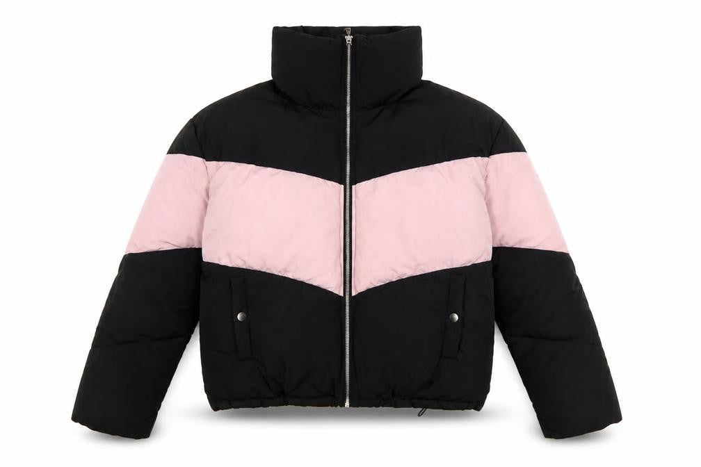 Front view of Nobody's Child Women's Black Pink Puffer Jacket, size 14, Winter Coat