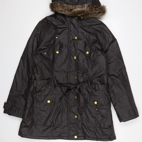 Peacocks Women Brown Faux Fur Hooded Parka Coat Size 16