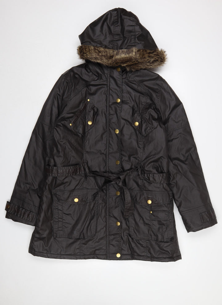 Peacocks Women Brown Faux Fur Hooded Parka Coat Size 16