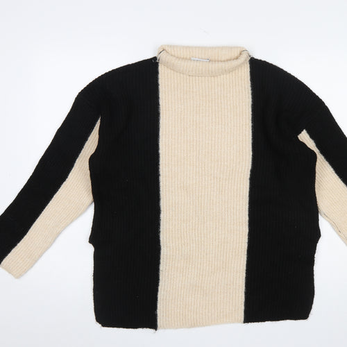 Gallery Women’s Black Beige Striped Mock Neck Chunky Knit Jumper Size M