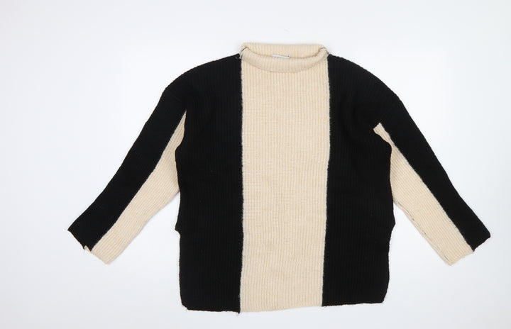 Gallery Women’s Black Beige Striped Mock Neck Chunky Knit Jumper Size M