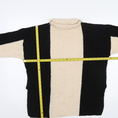 Gallery Women’s Black Beige Striped Mock Neck Chunky Knit Jumper Size M