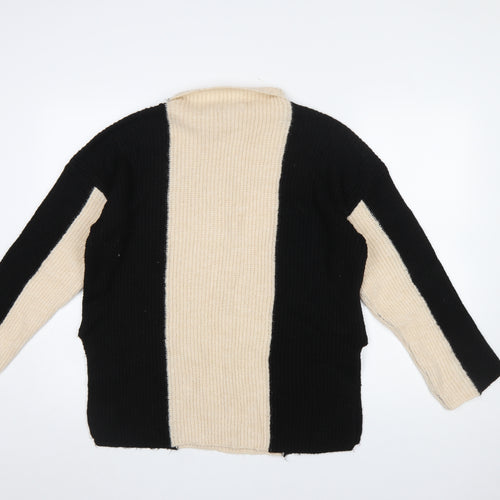 Gallery Women’s Black Beige Striped Mock Neck Chunky Knit Jumper Size M