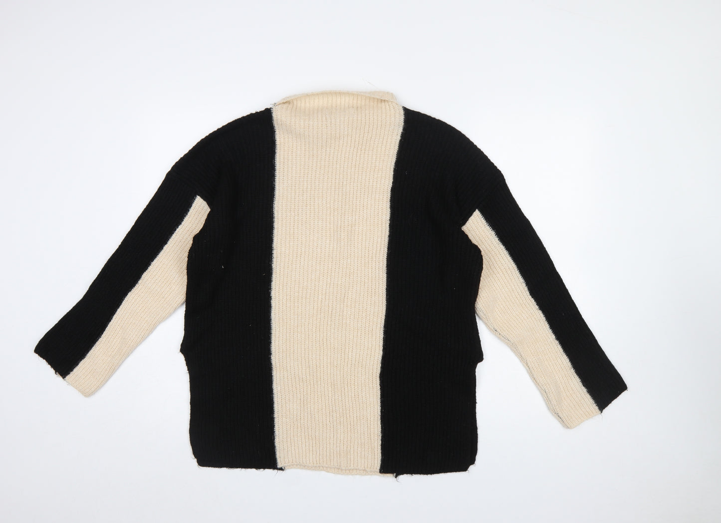 Gallery Women’s Black Beige Striped Mock Neck Chunky Knit Jumper Size M