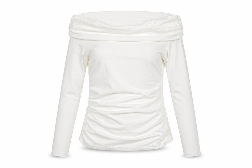 Front view of Savida women’s ivory off shoulder long sleeve tunic top, size UK 12