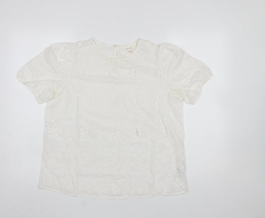 Marks and Spencer Per Una Ivory Cotton Embroidered Puff Sleeve Women's Blouse Size 12
