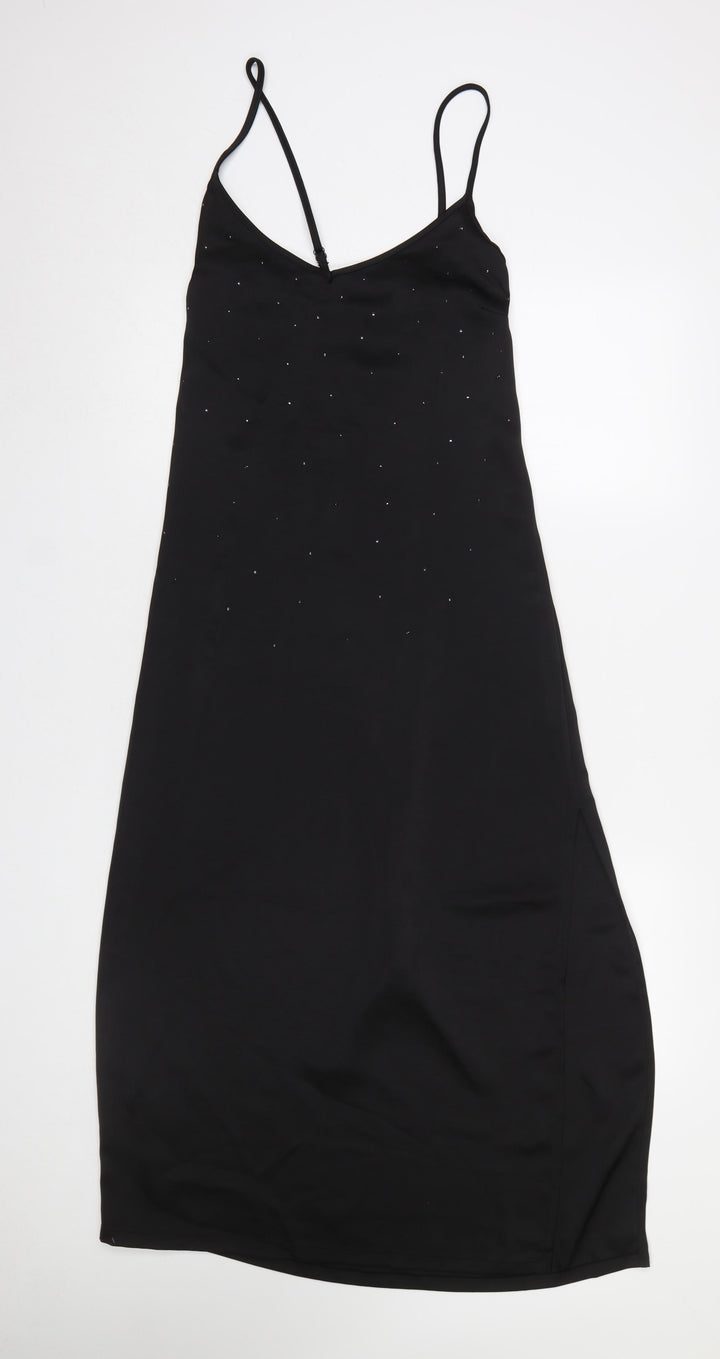 F&F Women’s Black Slip Dress UK 8-10 Swarovski Crystal Embellished Midi