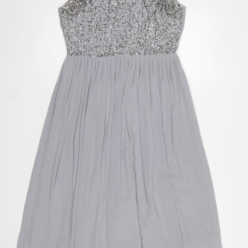 Sistaglam Women Grey Beaded A-Line Sleeveless Knee Length Dress Size 12