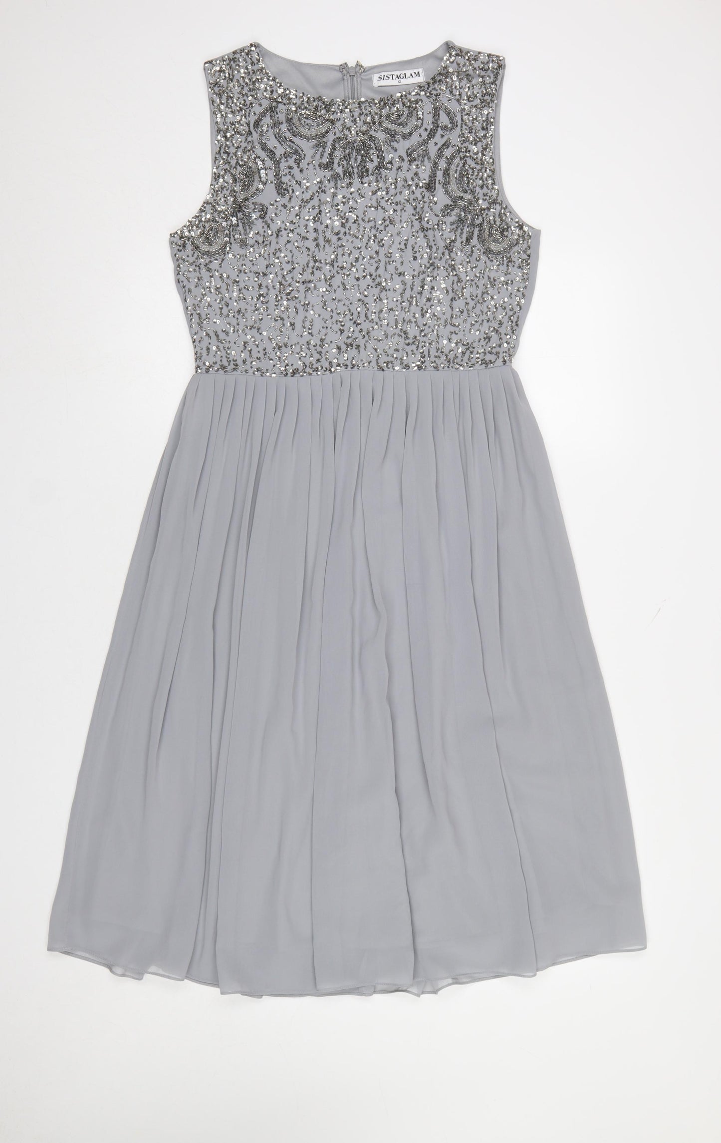 Sistaglam Women Grey Beaded A-Line Sleeveless Knee Length Dress Size 12