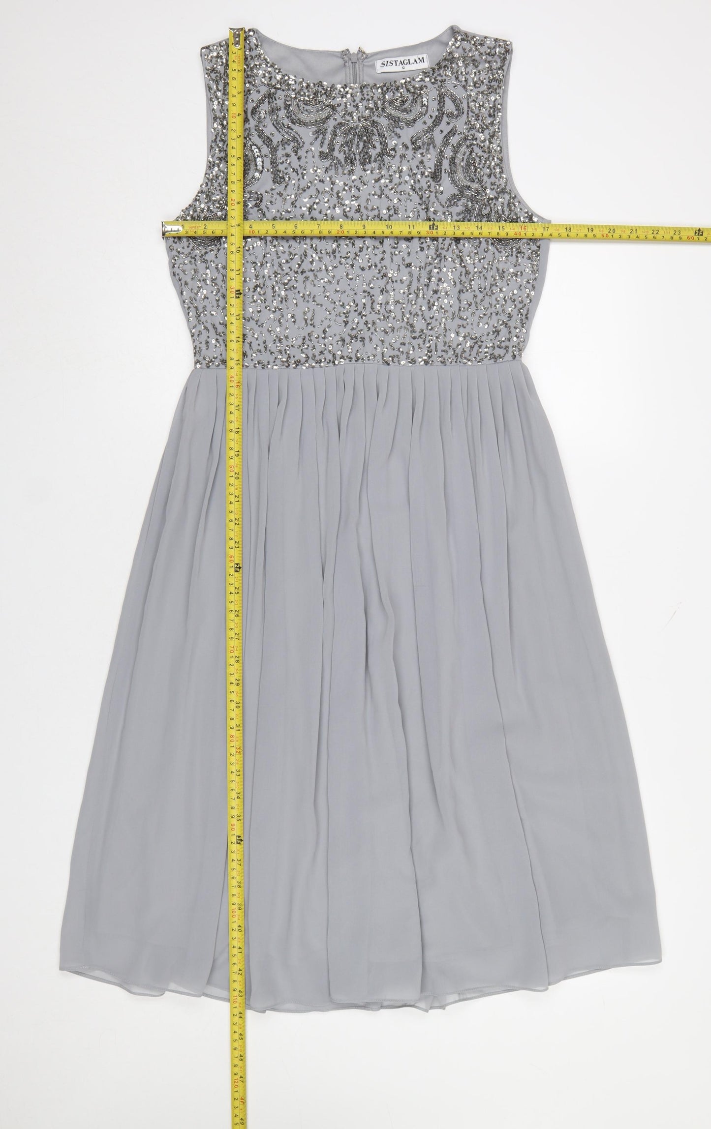 Sistaglam Women Grey Beaded A-Line Sleeveless Knee Length Dress Size 12