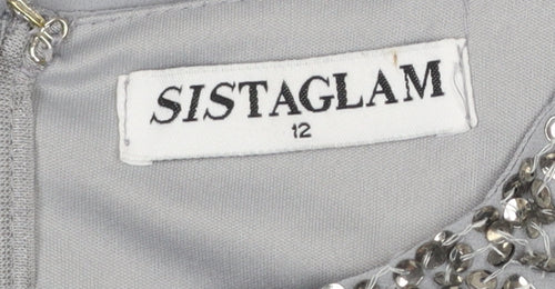 Sistaglam Women Grey Beaded A-Line Sleeveless Knee Length Dress Size 12