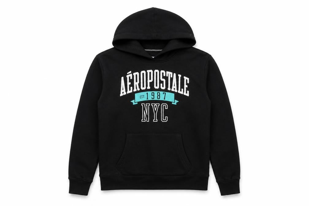 Front view of Aéropostale women’s black medium pullover hoodie nyc graphic print