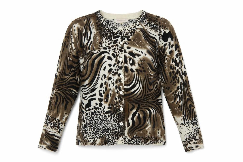 Front view of Paramour Women's Brown Animal Print Cardigan M