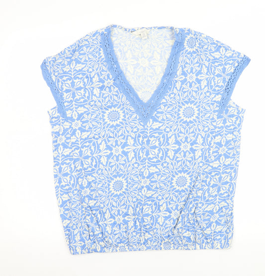 Next Women Blue Floral Cotton V-Neck Tunic Blouse UK 14