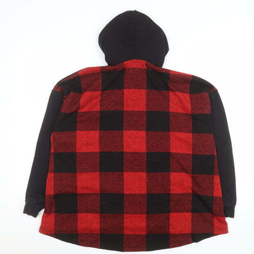 Pull&Bear Men's Black Red Plaid Pullover Hoodie Size S