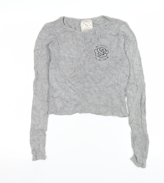 Pull&Bear Women Grey Cropped Long Sleeve Embroidered T-Shirt Size 12