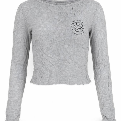Pull&Bear Women Grey Cropped Long Sleeve Embroidered T-Shirt Size 12