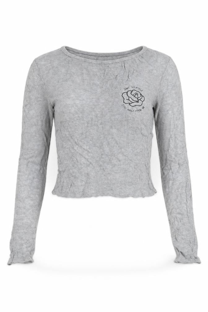Pull&Bear Women Grey Cropped Long Sleeve Embroidered T-Shirt Size 12
