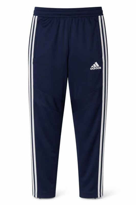 Front view of Adidas Men Blue Small Track Pants Tapered Fit Activewear Trousers