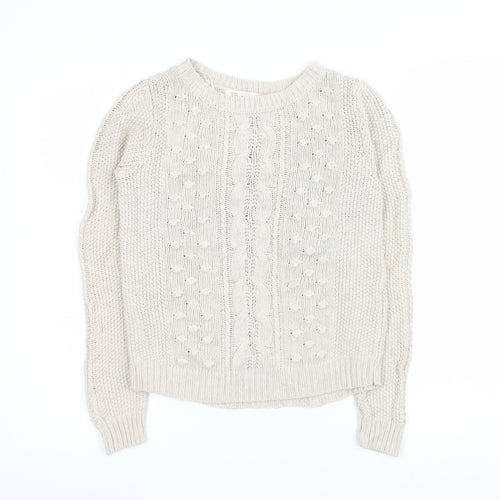 Zara Women Beige Cable Knit Crew Neck Pullover Jumper Size 14