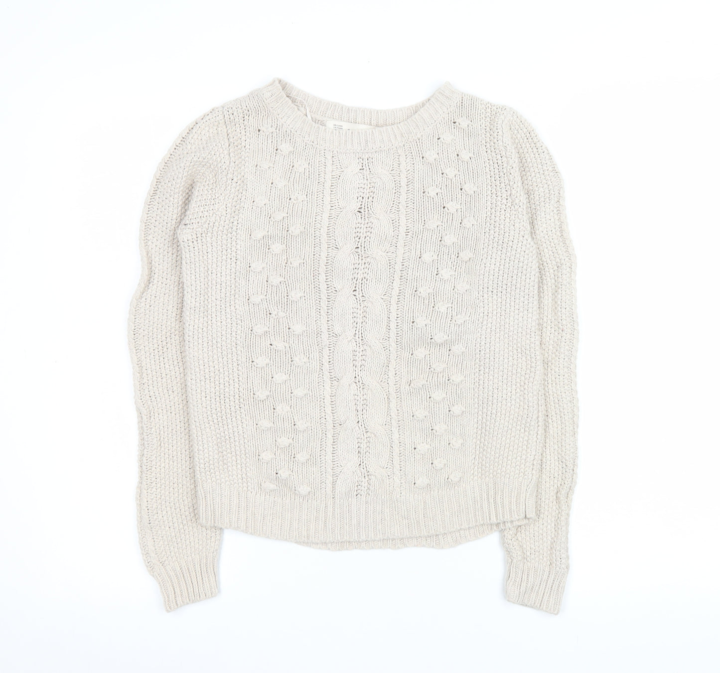 Zara Women Beige Cable Knit Crew Neck Pullover Jumper Size 14