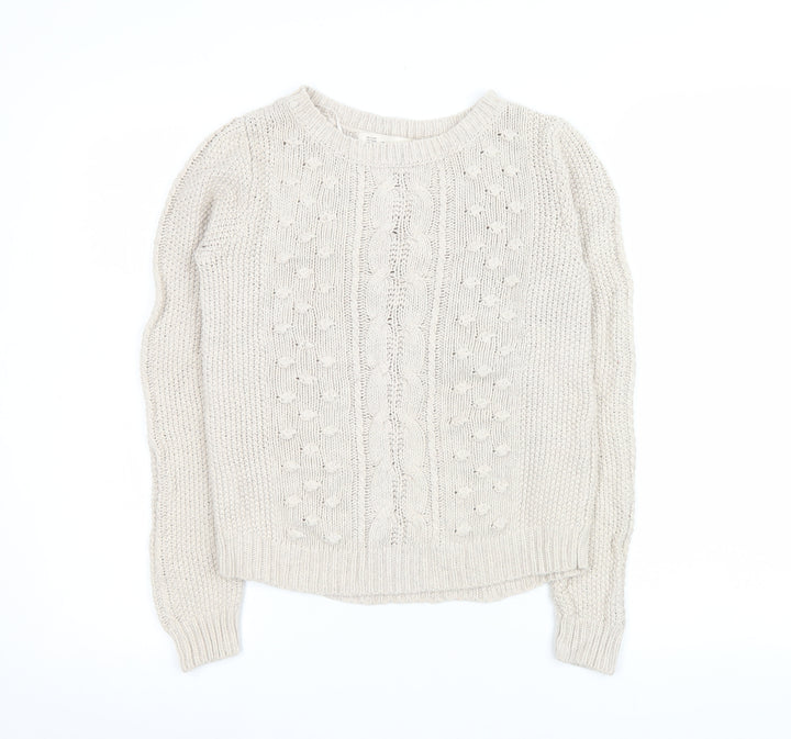 Zara Women Beige Cable Knit Crew Neck Pullover Jumper Size 14