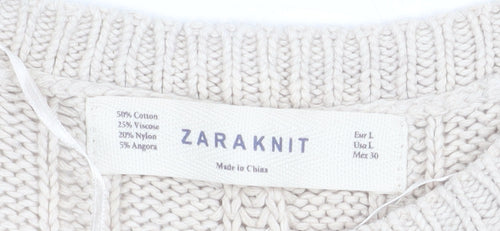 Zara Women Beige Cable Knit Crew Neck Pullover Jumper Size 14