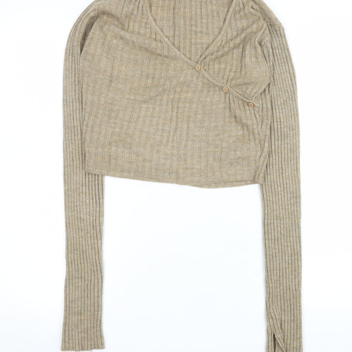 PrettyLittleThing Women’s Beige Ribbed Cropped Button Knit Top Size L