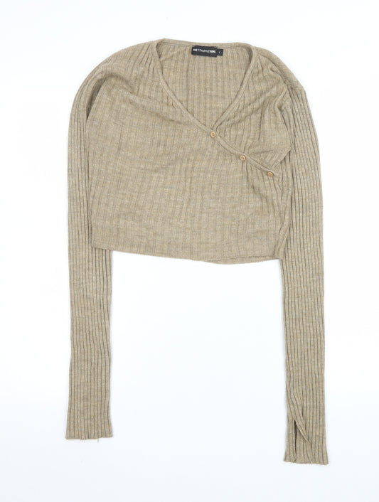 PrettyLittleThing Women’s Beige Ribbed Cropped Button Knit Top Size L