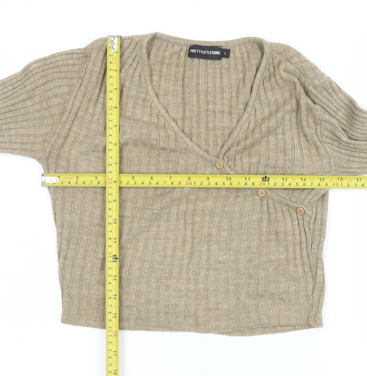 PrettyLittleThing Women’s Beige Ribbed Cropped Button Knit Top Size L