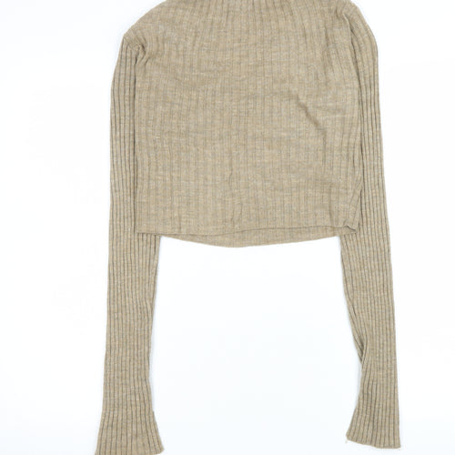 PrettyLittleThing Women’s Beige Ribbed Cropped Button Knit Top Size L