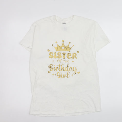 Gildan Womens White Birthday Sister Graphic T-Shirt Size S
