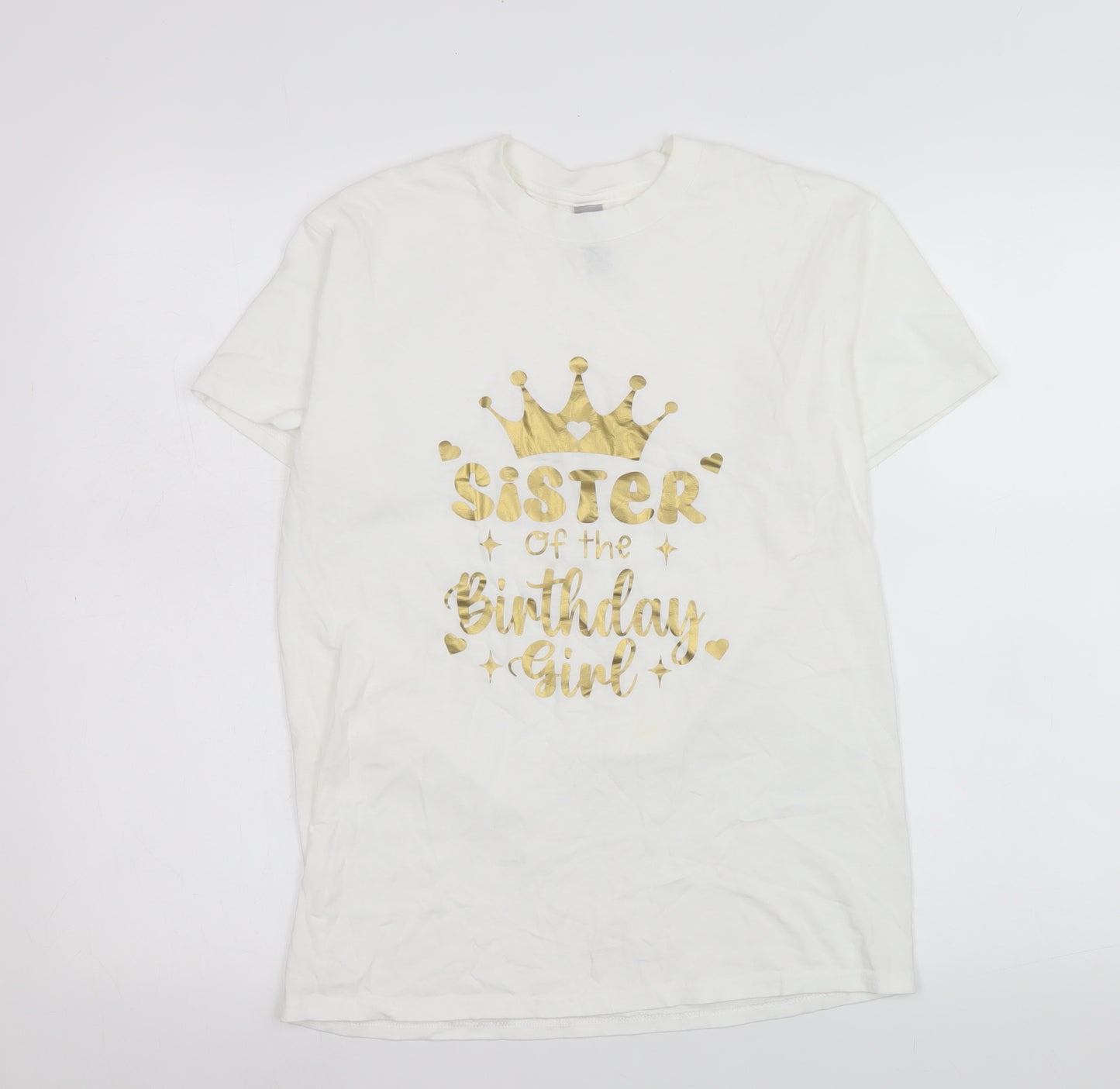 Gildan Womens White Birthday Sister Graphic T-Shirt Size S